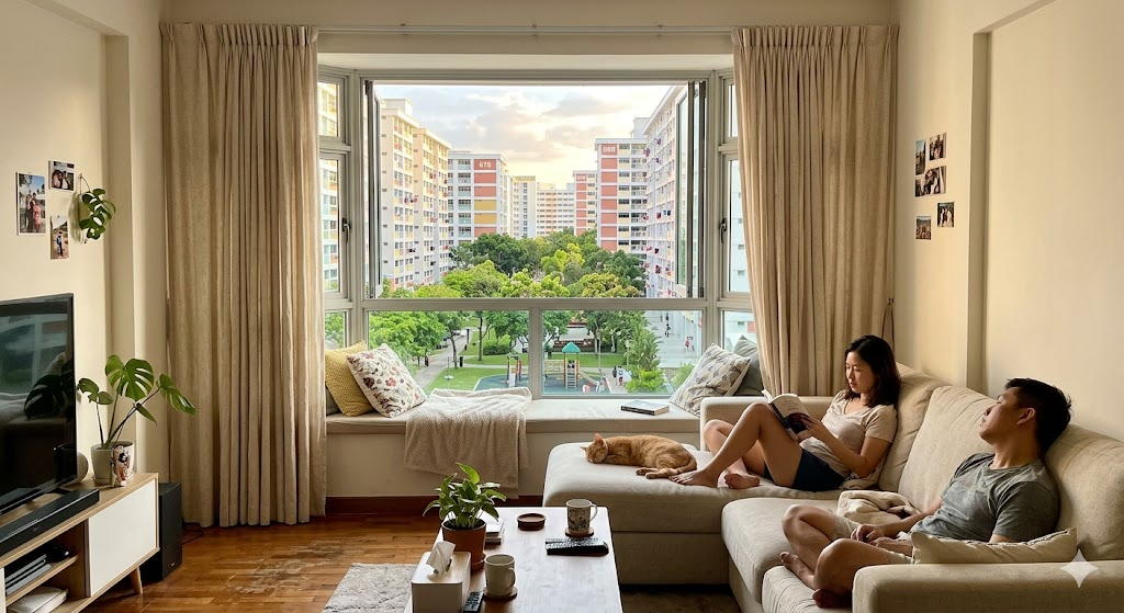 HDB living room with floor-to-ceiling bay window curtains