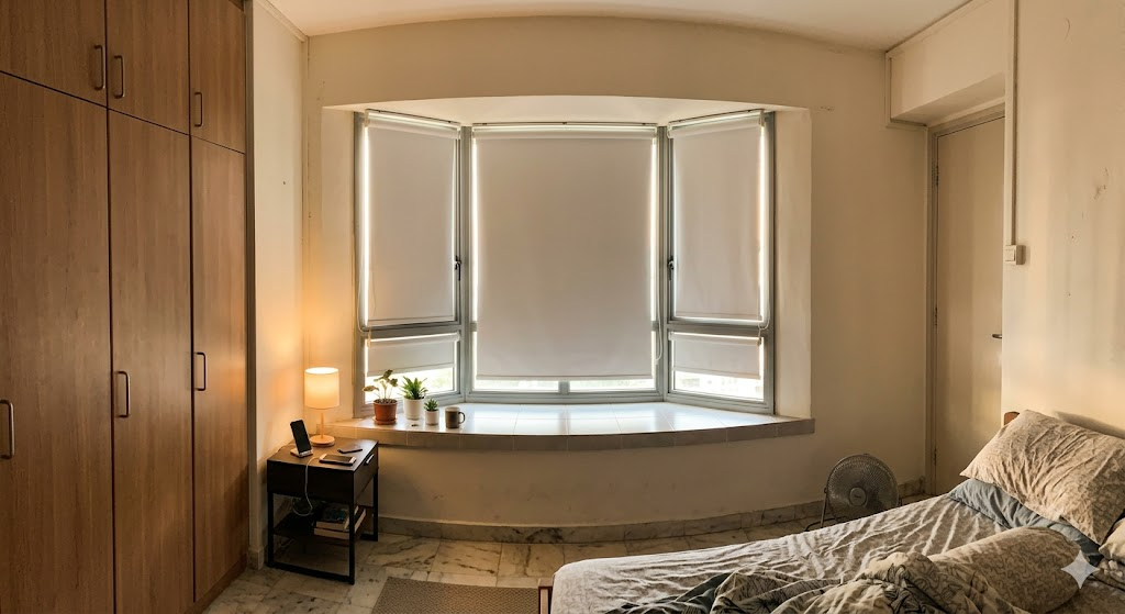 HDB master bedroom bay window with roller blackout blinds