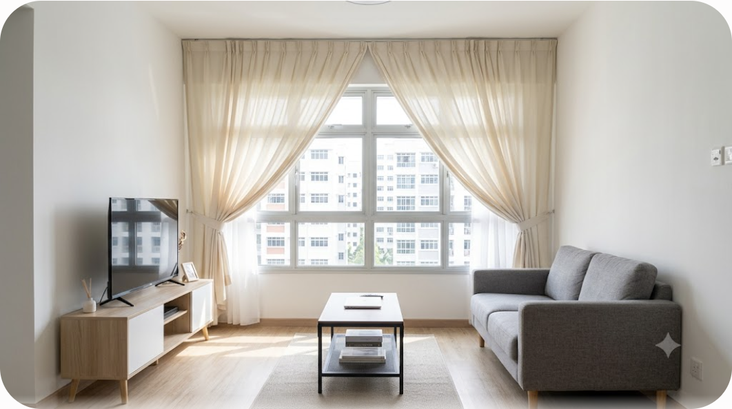 HDB 3-room flat living room with light-filtering day curtains over a large window, budget-friendly curtain setup