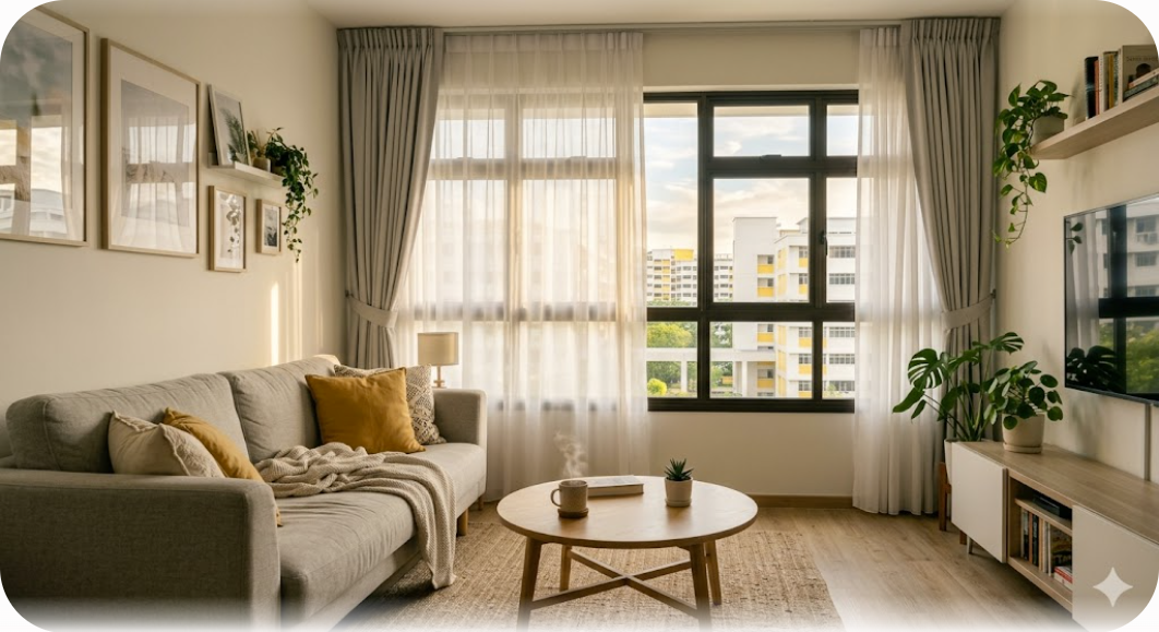 East-facing HDB bedroom with blackout curtains blocking morning sunlight